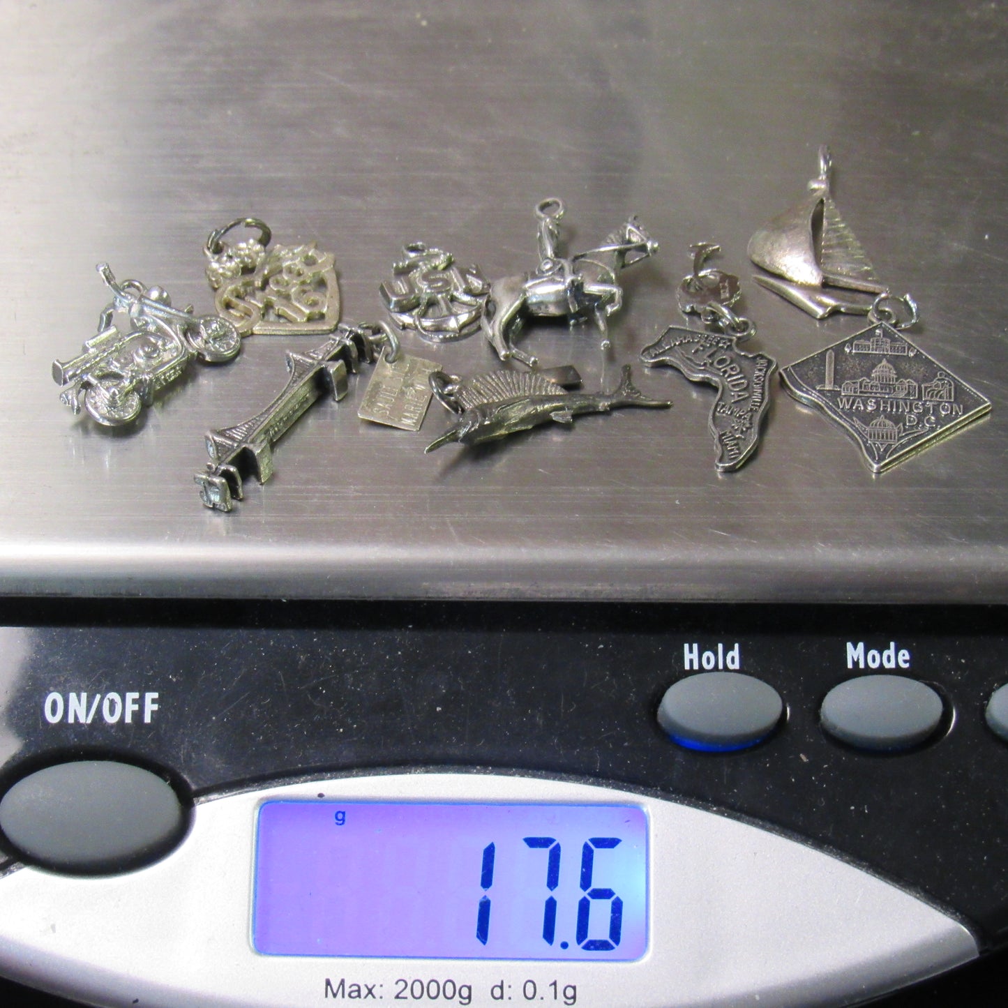 Vintage Lot of Sterling 925 Silver Sail Boat USN Sweet16 Motorcycle Charm Pendant Bracelet