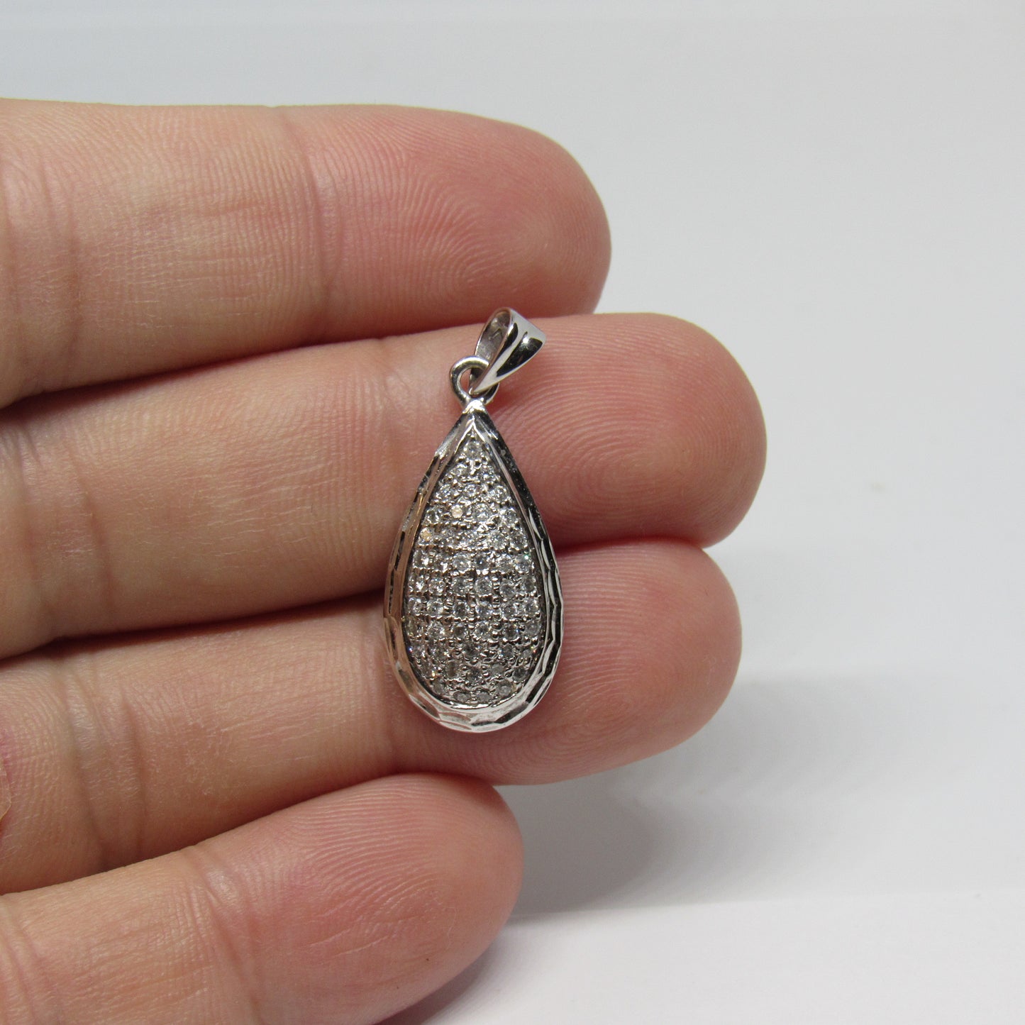 18k White Gold Pear Teardrop Shaped Diamond Pendant - ~1.25 inch