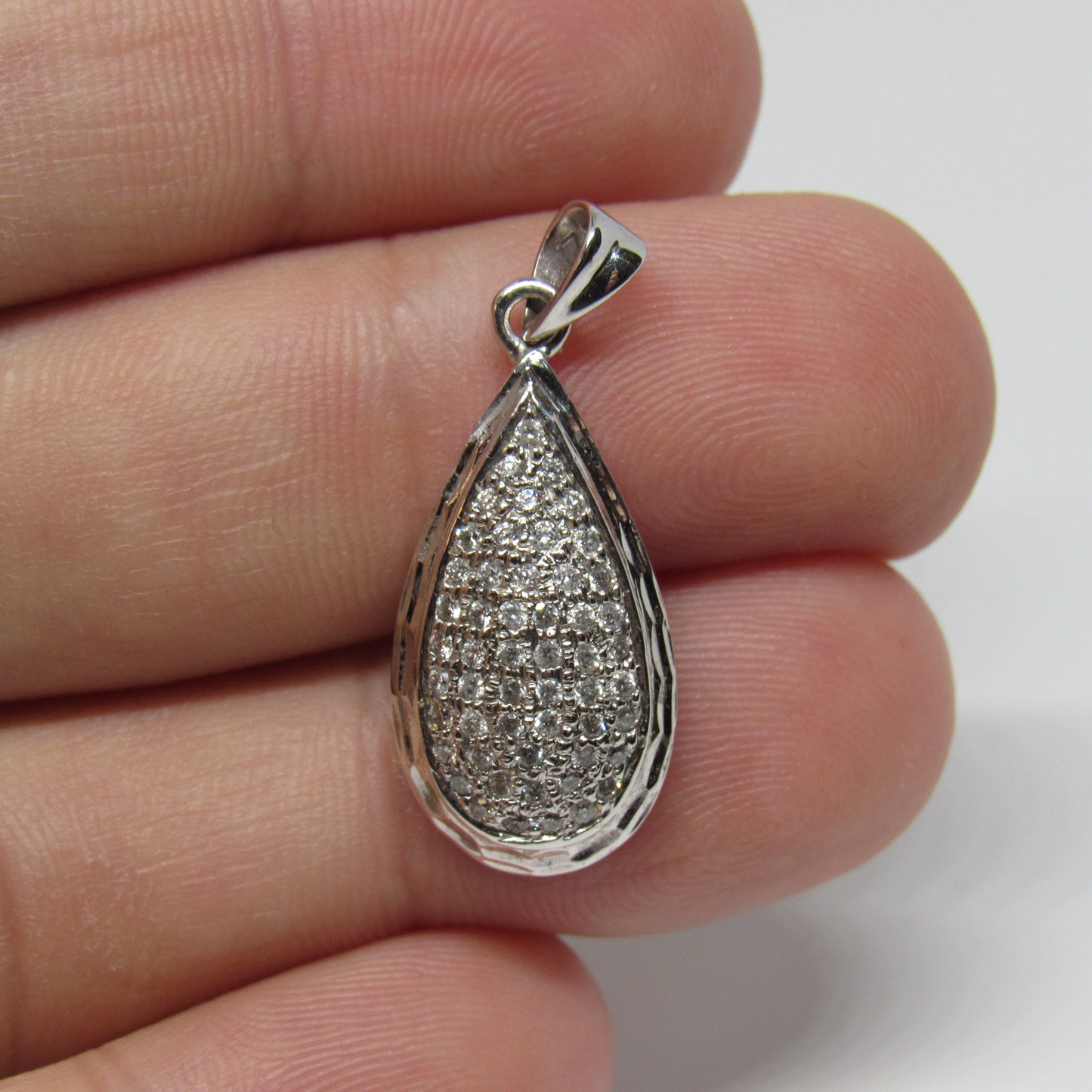 18k White Gold Pear Teardrop Shaped Diamond Pendant - ~1.25 inch