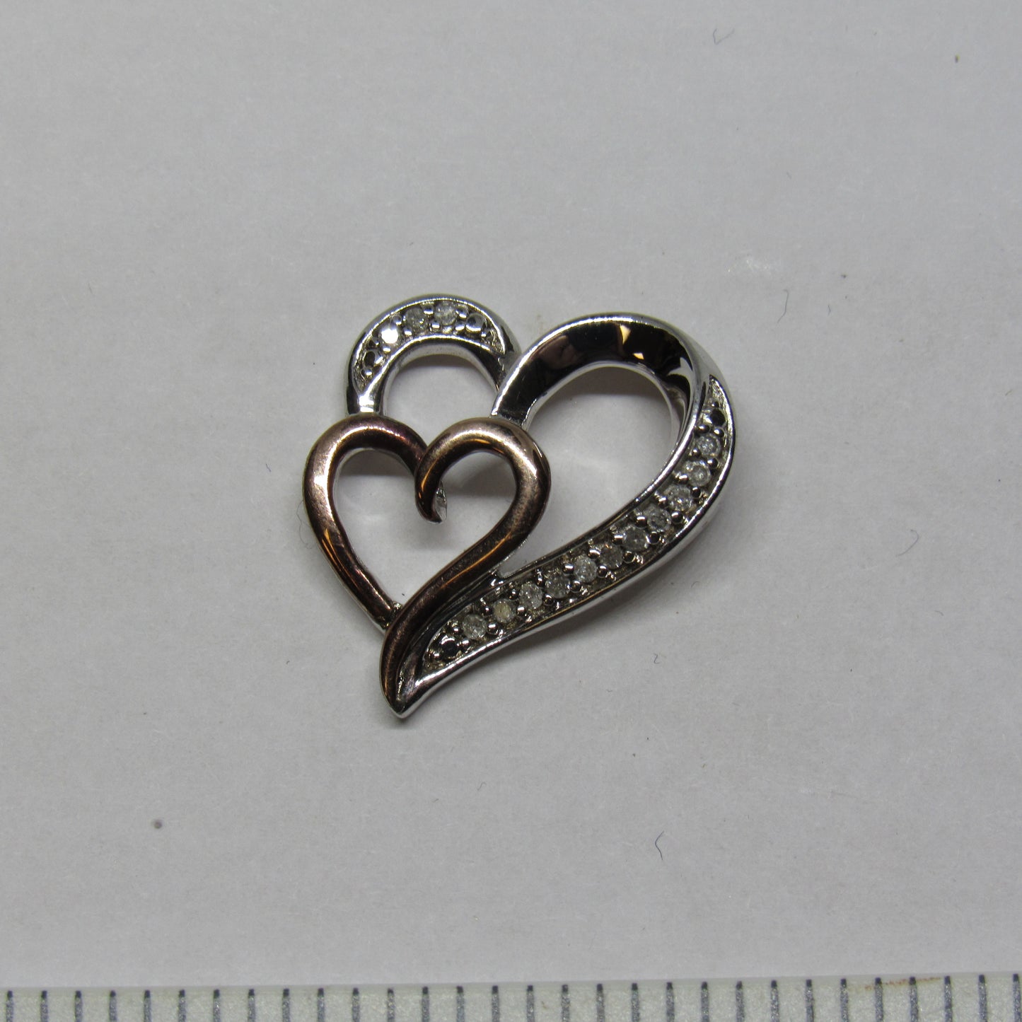 14k Rose Gold and Sterling Silver Diamond Double Heart Pendant