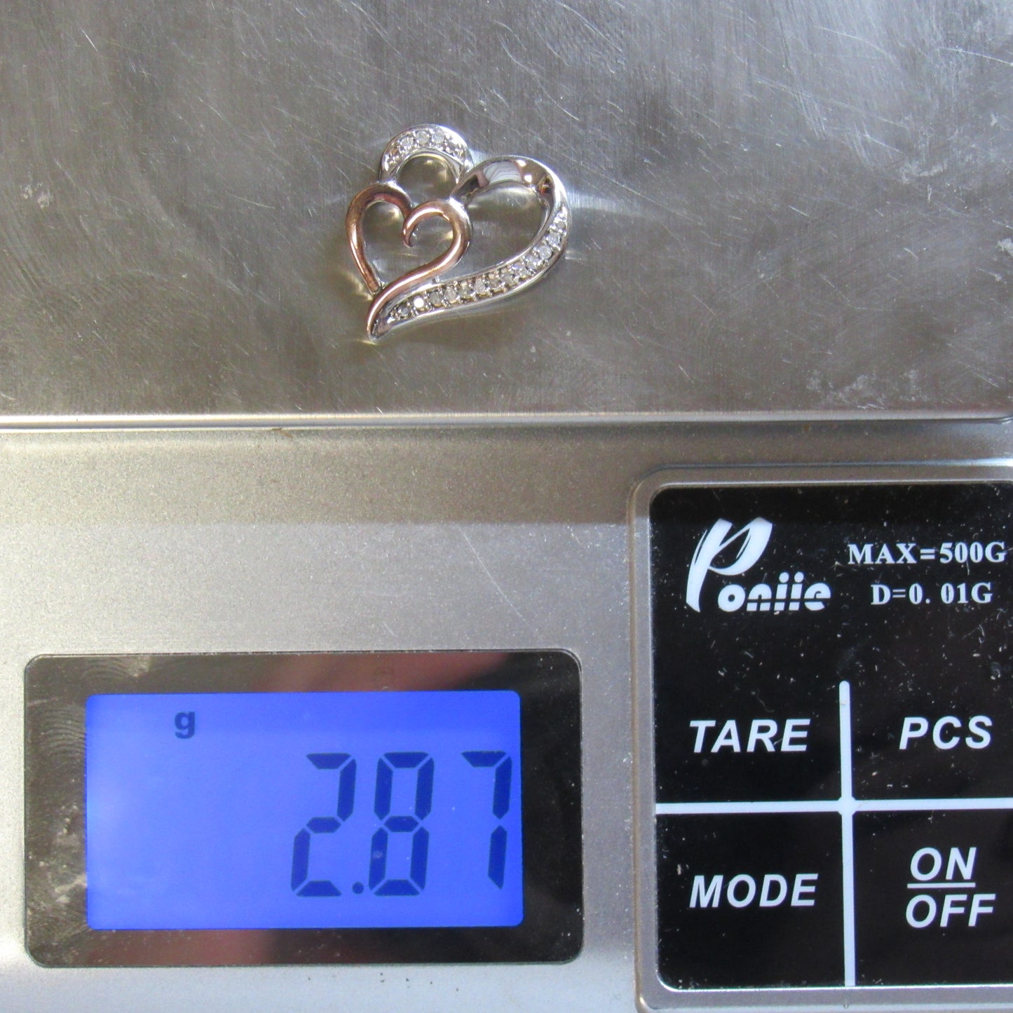 14k Rose Gold and Sterling Silver Diamond Double Heart Pendant