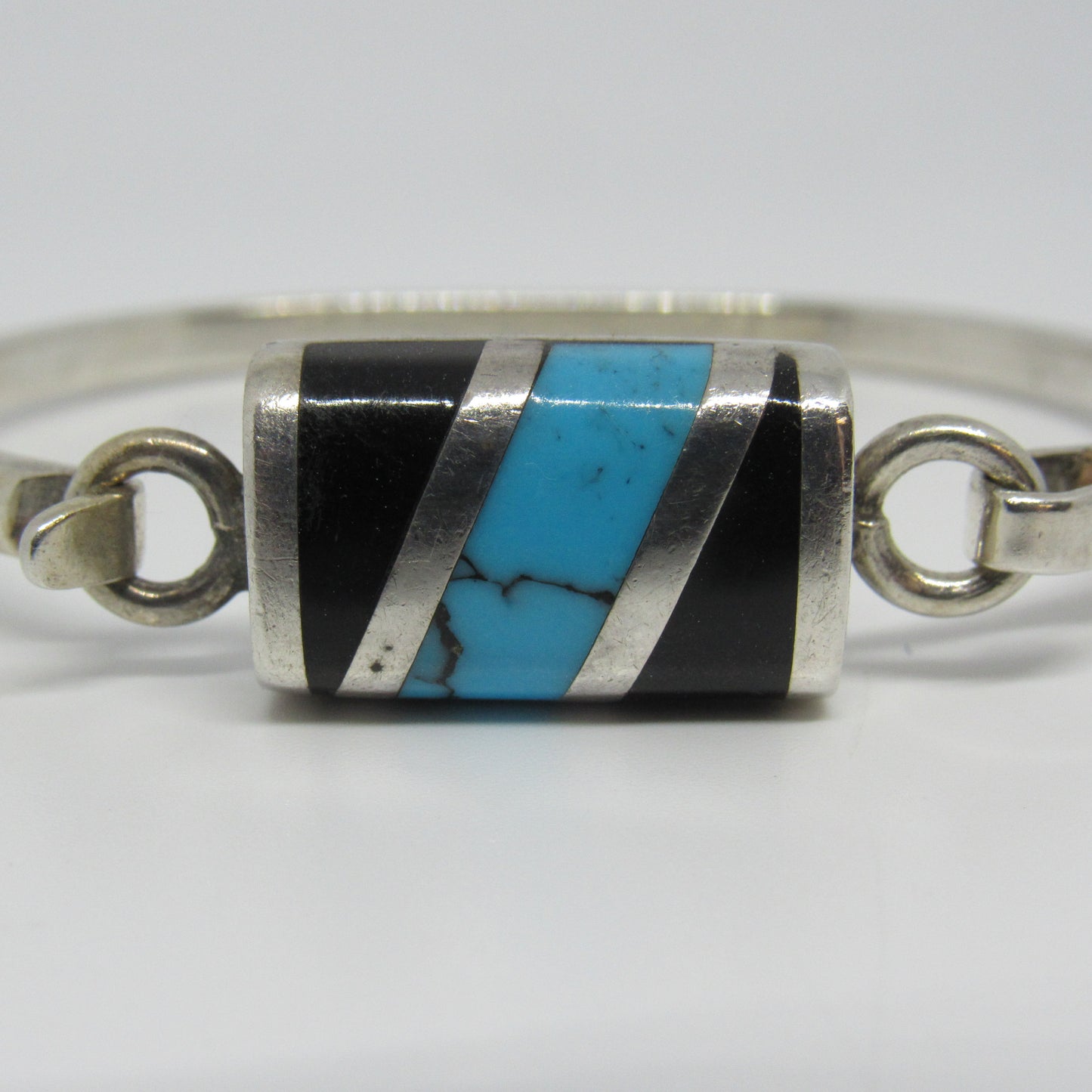 Vintage Sterling Silver 925 Mexico TC-30 Turquoise Onyx Bangle Bracelet - 7 inch