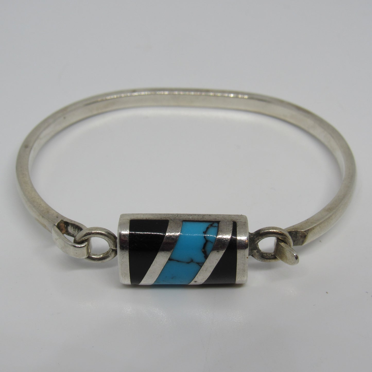 Vintage Sterling Silver 925 Mexico TC-30 Turquoise Onyx Bangle Bracelet - 7 inch