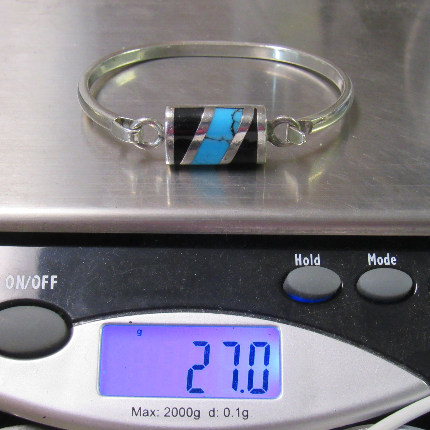 Vintage Sterling Silver 925 Mexico TC-30 Turquoise Onyx Bangle Bracelet - 7 inch