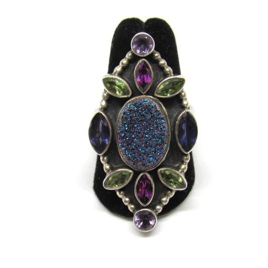 Nicky Butler Sterling Silver 925 Druzy Amethyst Peridot Tourmaline Ring 415/2000 - Sz 9.75