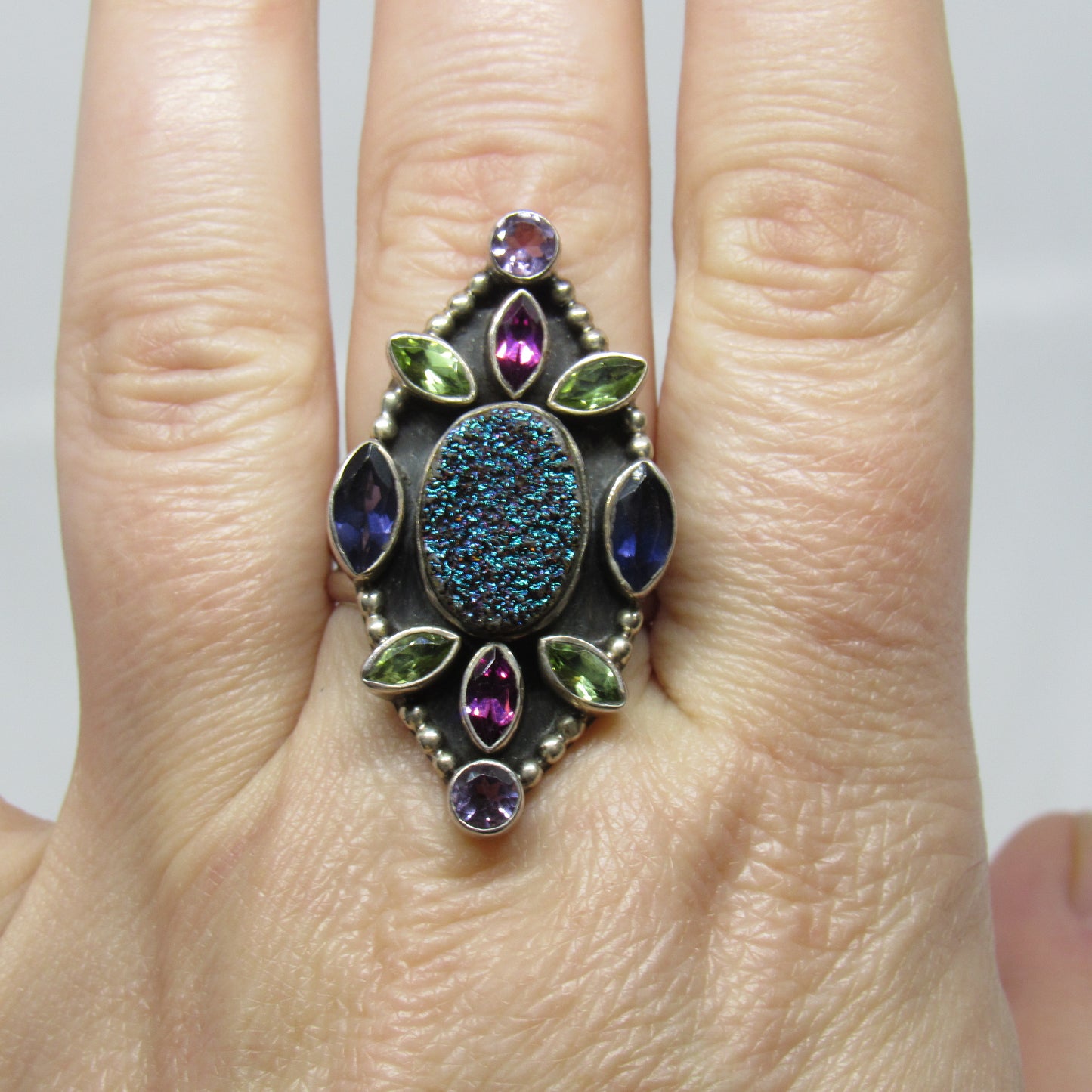 Nicky Butler Sterling Silver 925 Druzy Amethyst Peridot Tourmaline Ring 415/2000 - Sz 9.75