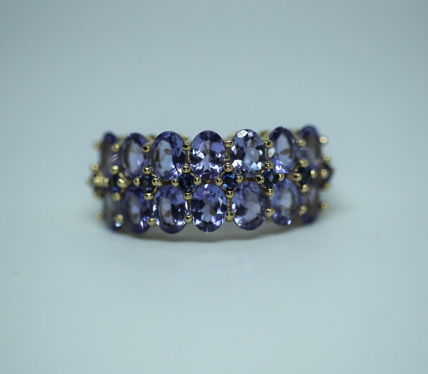 14K Yellow Gold ~2.15 ctw Tanzanite & Sapphire Two Row Cluster Ring - Size 5