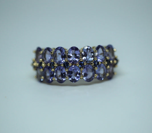 14K Yellow Gold ~2.15 ctw Tanzanite & Sapphire Two Row Cluster Ring - Size 5
