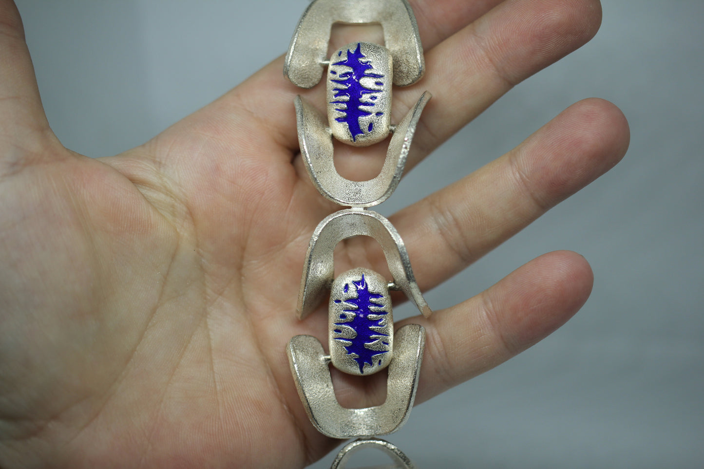 925 Sterling Silver Vintage O.P. Orlandini Modernist Blue Enamel Bracelet ~7.5"