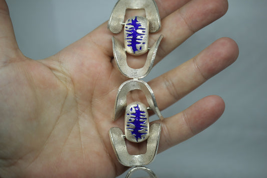 925 Sterling Silver Vintage O.P. Orlandini Modernist Blue Enamel Bracelet ~7.5"