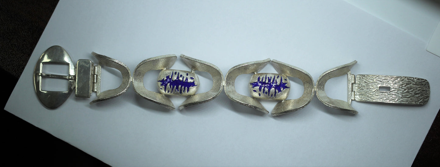 925 Sterling Silver Vintage O.P. Orlandini Modernist Blue Enamel Bracelet ~7.5"