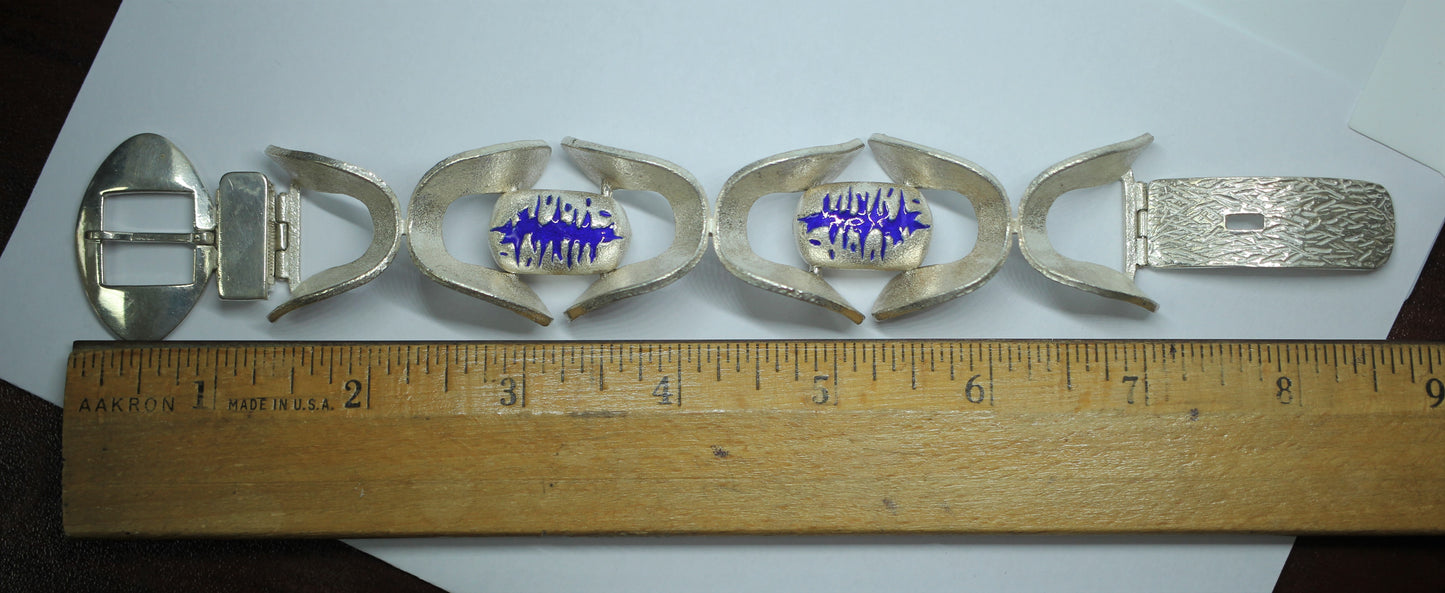 925 Sterling Silver Vintage O.P. Orlandini Modernist Blue Enamel Bracelet ~7.5"