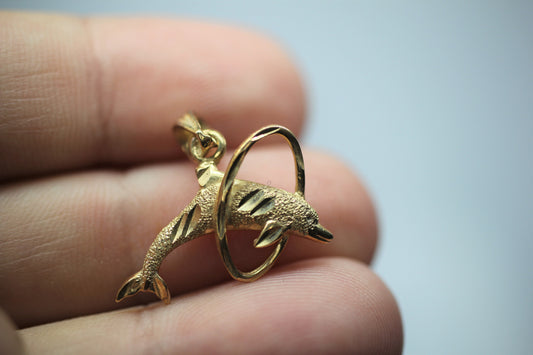 14k Yellow Gold Dolphin Jumping Through Hoop Pendant / Charm
