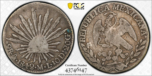 1842 Mo ML 2 Reale Mexico PCGS Certified VG10 Super Rare