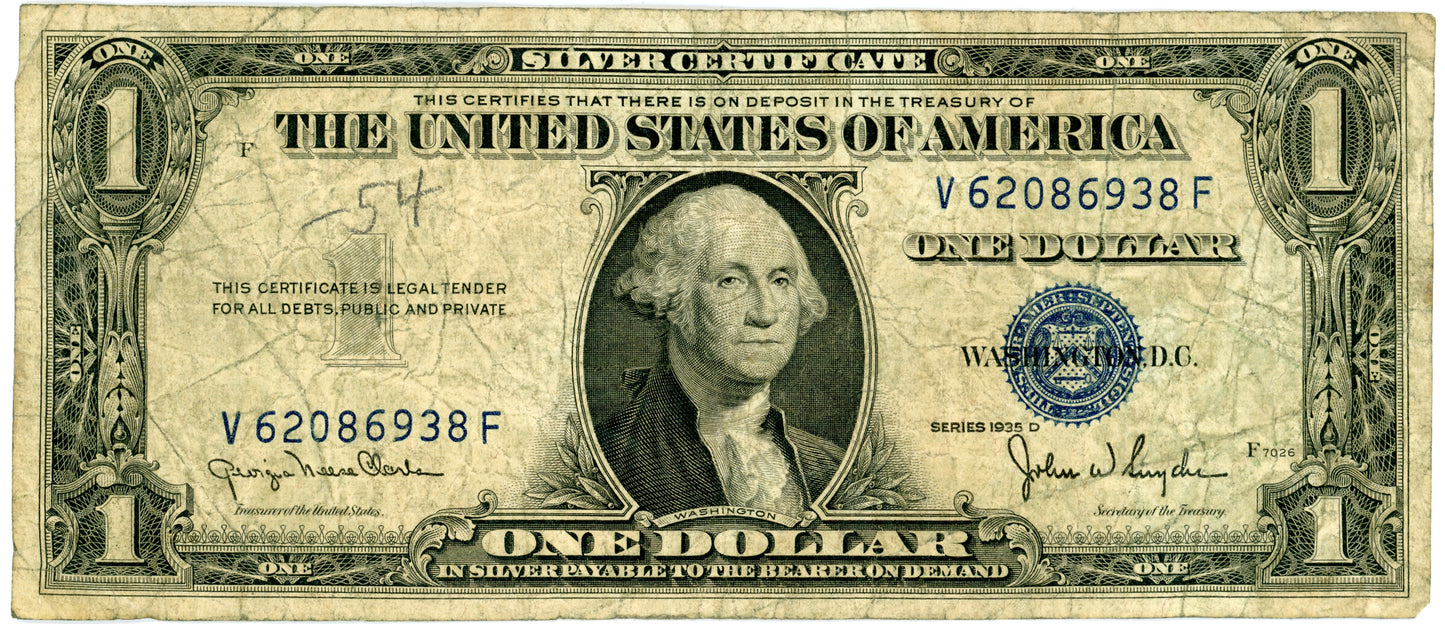 1935 D $1 Silver Certificate Clark Snyder F-1613W V62086938F