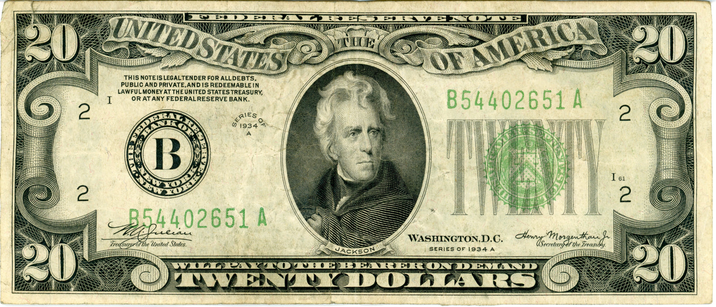 1934 A 20$ FRN Julian and Morgenthau F-2055B B54402651A