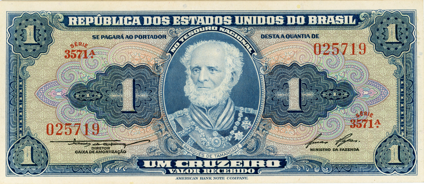 1 Cruzeiro Brazil Brasil Bank Note Currency Super Crisp Note Serie 3571