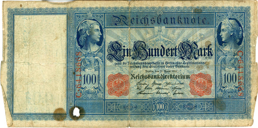 German 100 Mark Reichsbanknote Berlin 21 April 1910