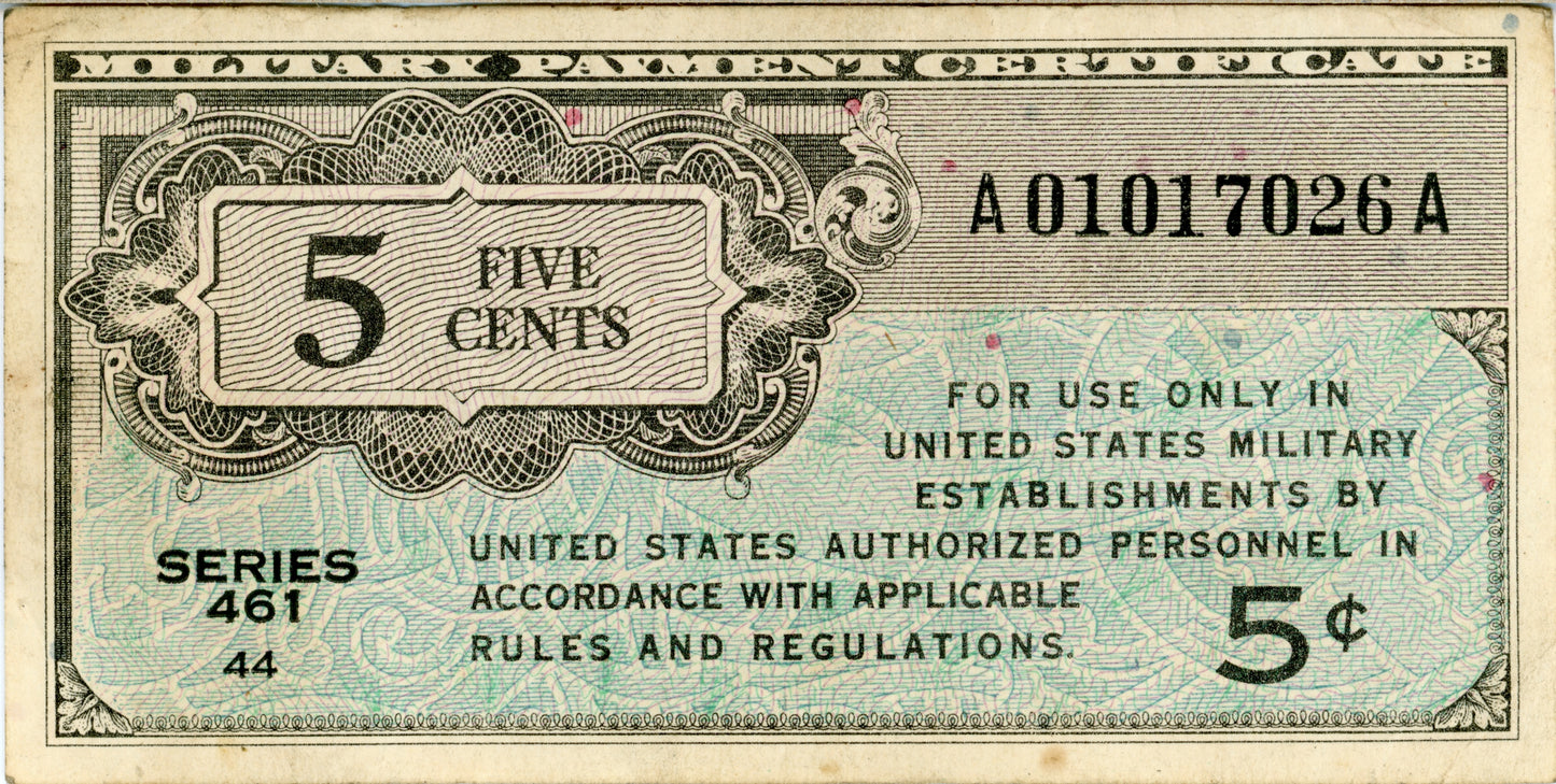 Series 461 5 c Cent Military US Currency 1946-1947