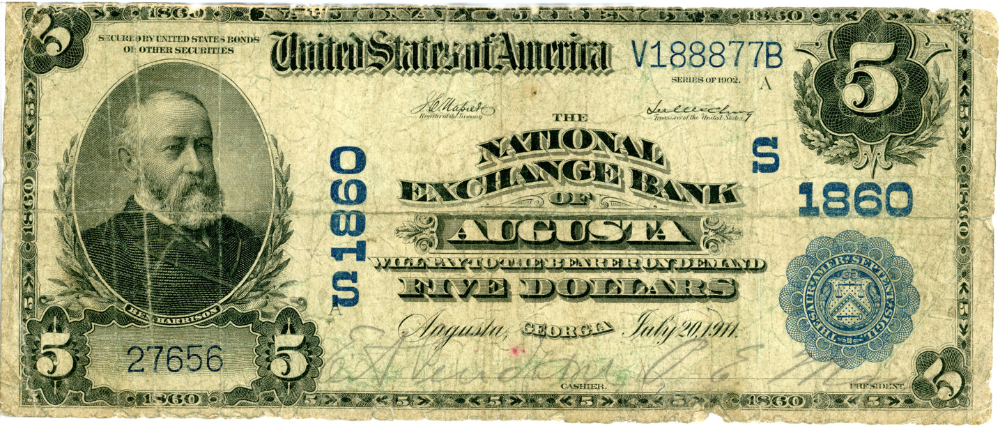 1902 $5 National Bank Note Napier McChung Augusta Georgia F-602 v188877B