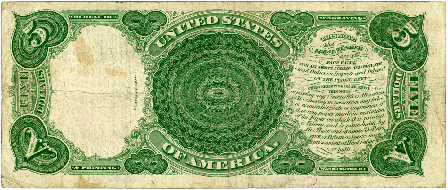 1907 $5 Legal Tender Note Speelman White F-91 K99517712