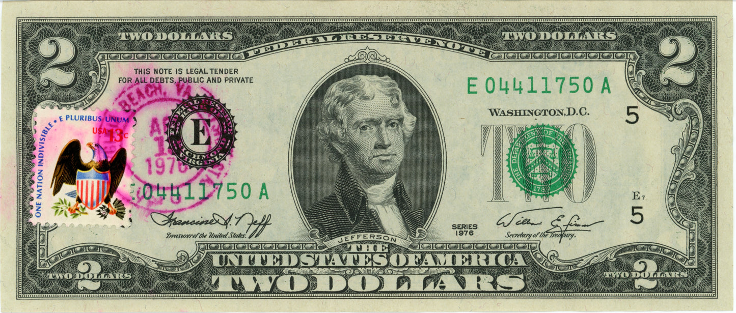 1976 $2 First Day of Issue Cancelled Stamp Note E04411750A