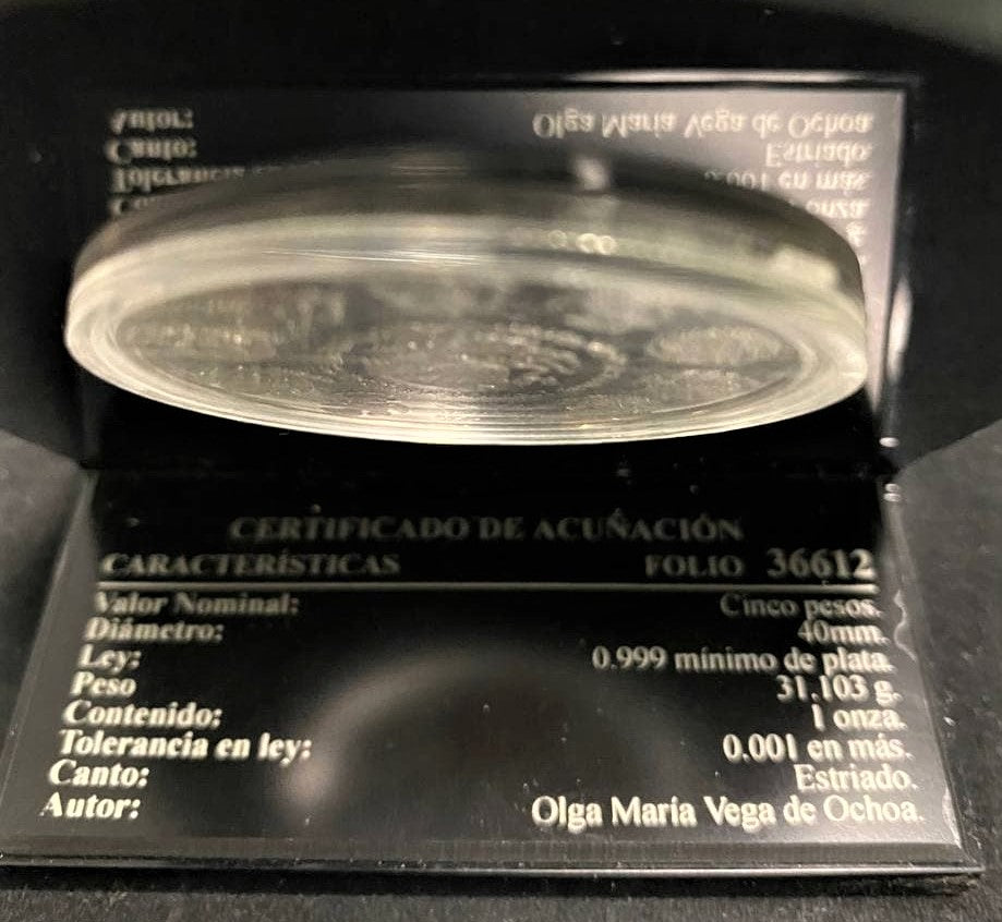 2000 Mexico 1 oz Silver Proof 5 Pesos Millennium AZTEC BIRD w/ Holder