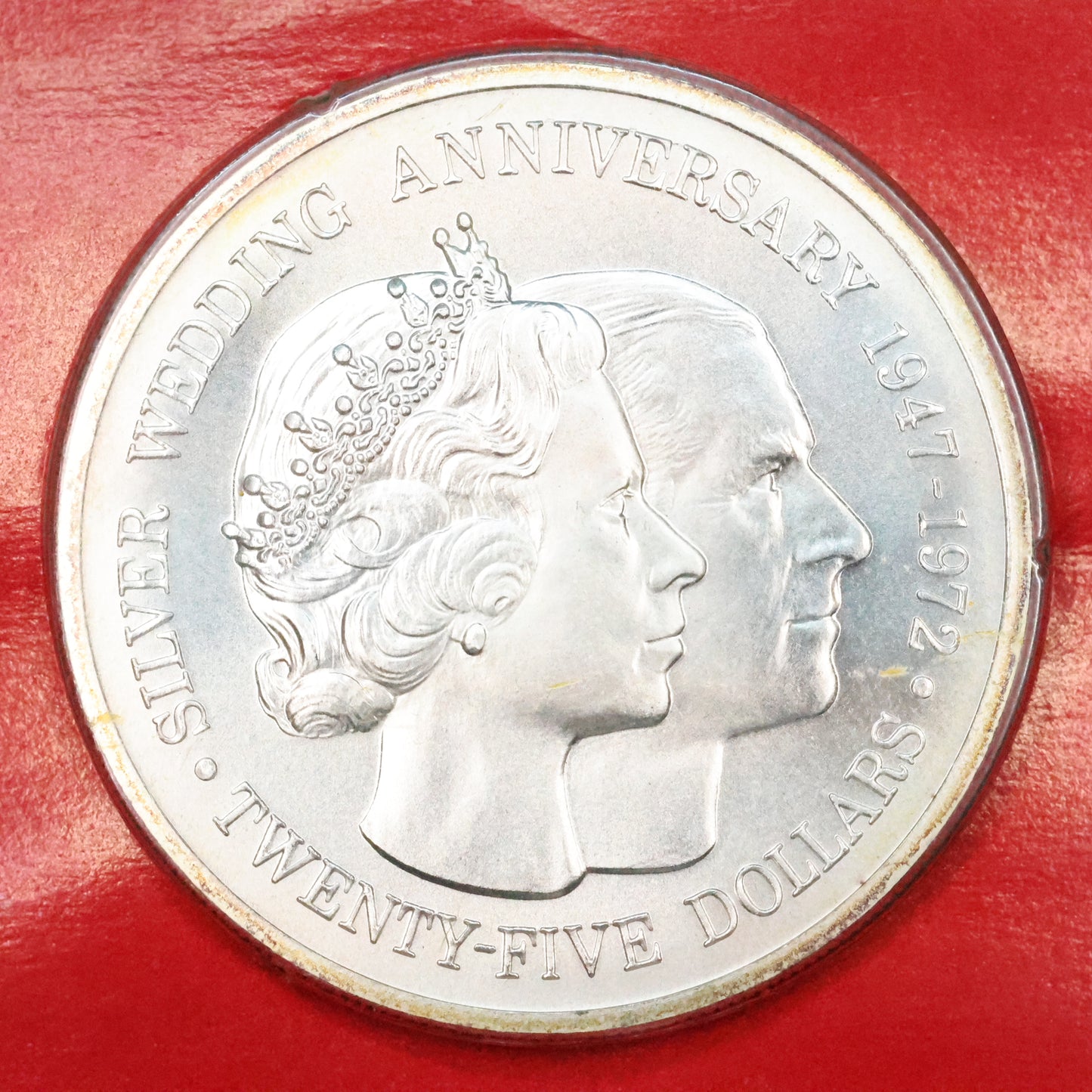 1972 Cayman Islands $25 Dollar Elizabeth II & Prince Philip 25th Anniv. UNC Sterling Silver Coin in OGP
