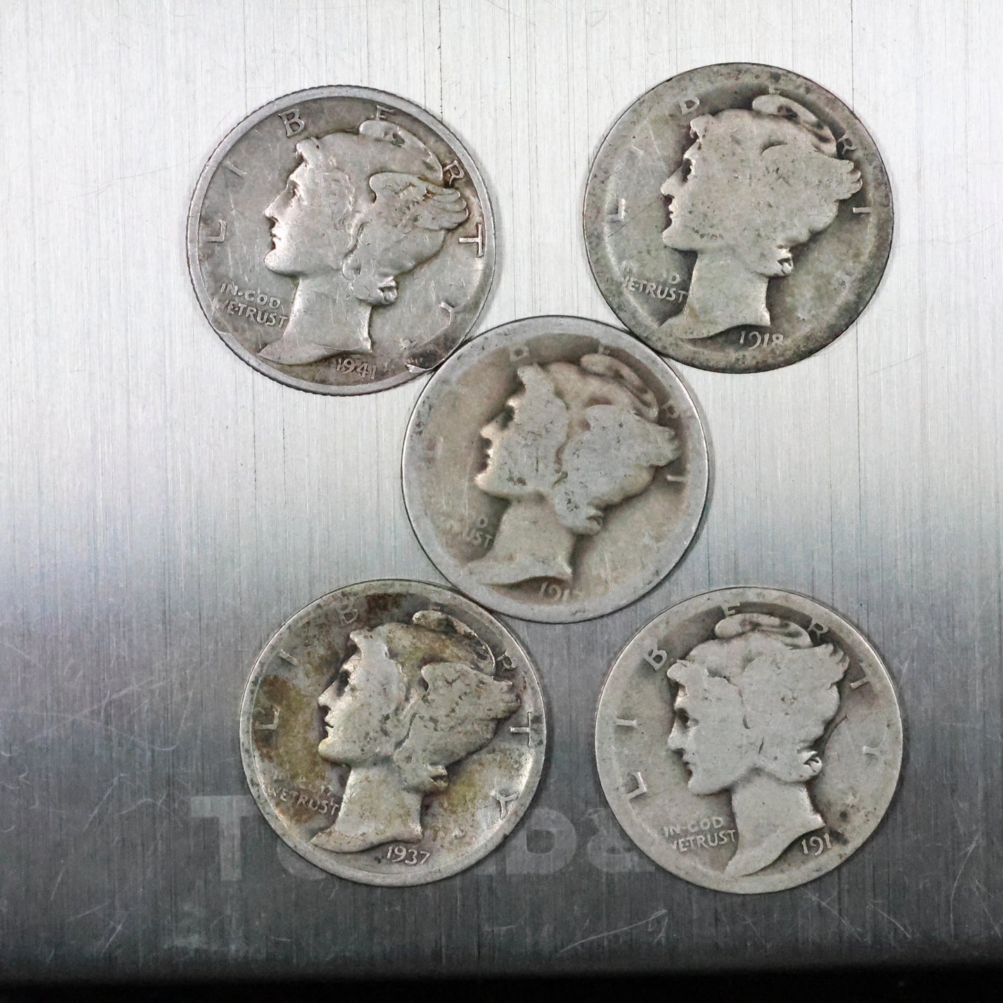 Lot of 5 Mercury Dimes - Very Worn/Cull 11.5 grams Exact Coins Shown