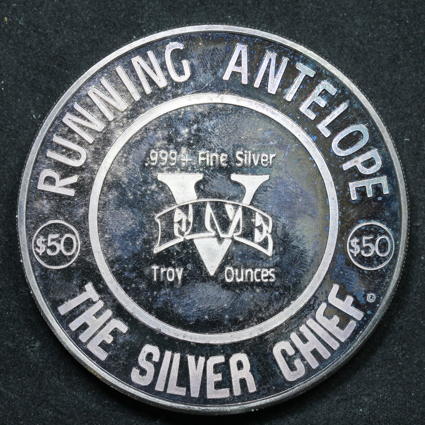 5 oz .999+ Fine Silver Art Round - Running Antelope The Silver Chief $50 - Toned
