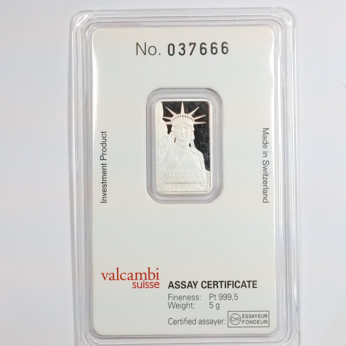Credit Suisse 5 Gram Platinum Bar .9995 Fine in Assay - Statue of Liberty
