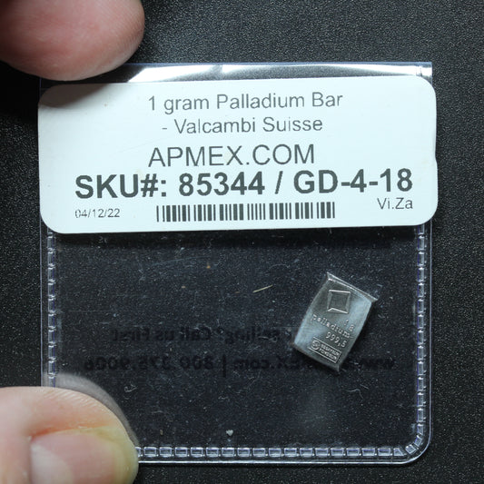 1 gram Valcambi Suisse .9995 Fine Palladium 1g Fractional Bar Ingot from CombiBar