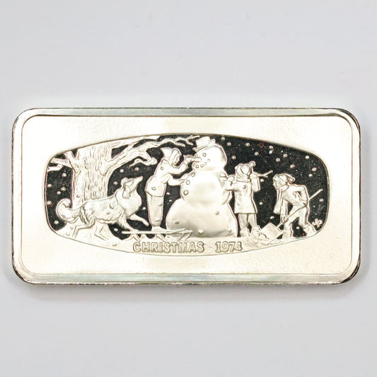 Franklin Mint Christmas Ingot - 1974 The Snowman Sterling Silver 500 Grains Bar w/ OGP