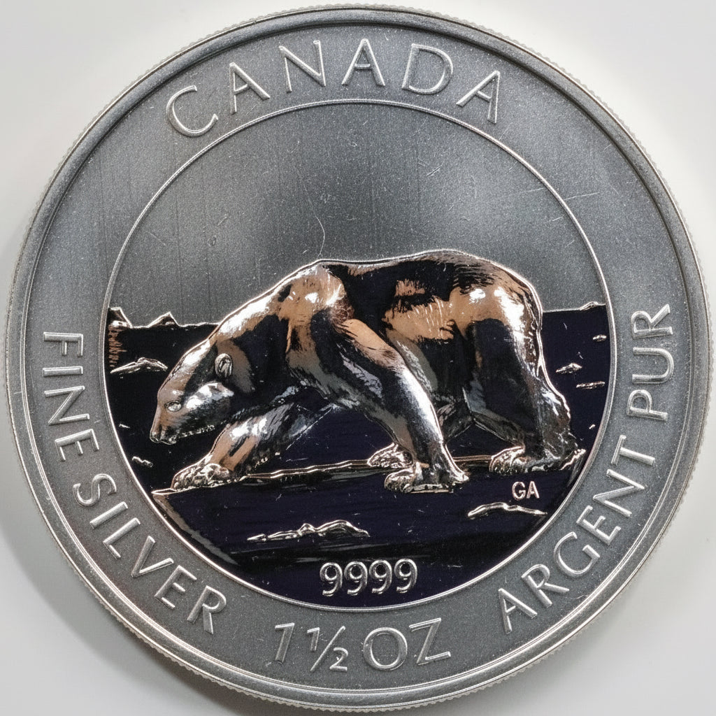 Silver coin with a polar bear design and 'Canada' text on a white background