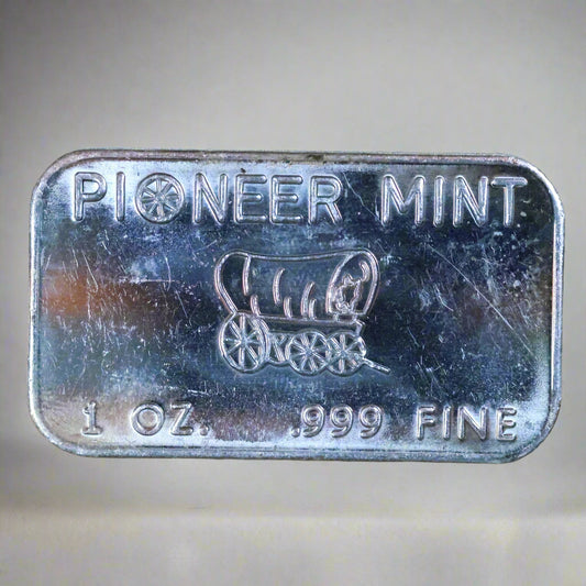 1 oz .999 Fine Silver Bar Ingot - Pioneer Mint - Wagon - Scratches/Spots