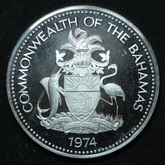 1974 Bahamas $5 Dollar Coat of Arms National Flag Sterling Silver Coin
