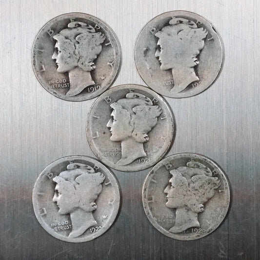 Lot of 5 Mercury Dimes - Very Worn/Cull 11.3 grams Exact Coins Shown