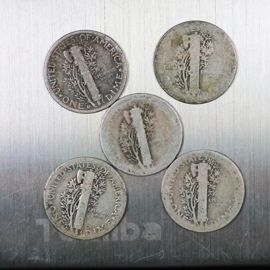 Lot of 5 Mercury Dimes - Very Worn/Cull 11.5 grams Exact Coins Shown