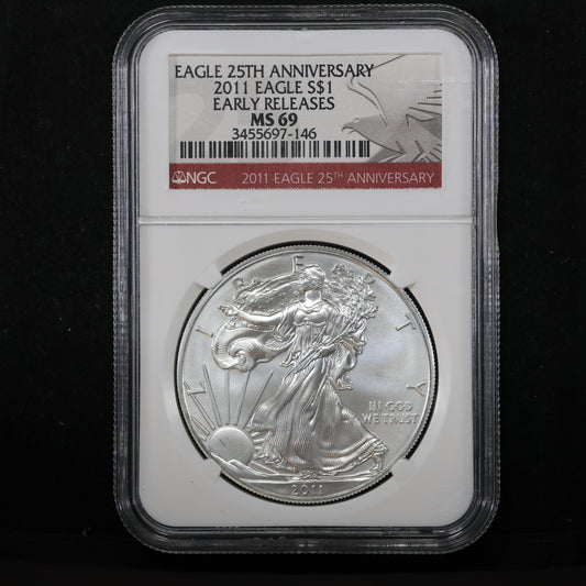 2011 American Silver Eagle $1 .999 Fine Silver - NGC MS 69 Early Releases 25th Anniv.