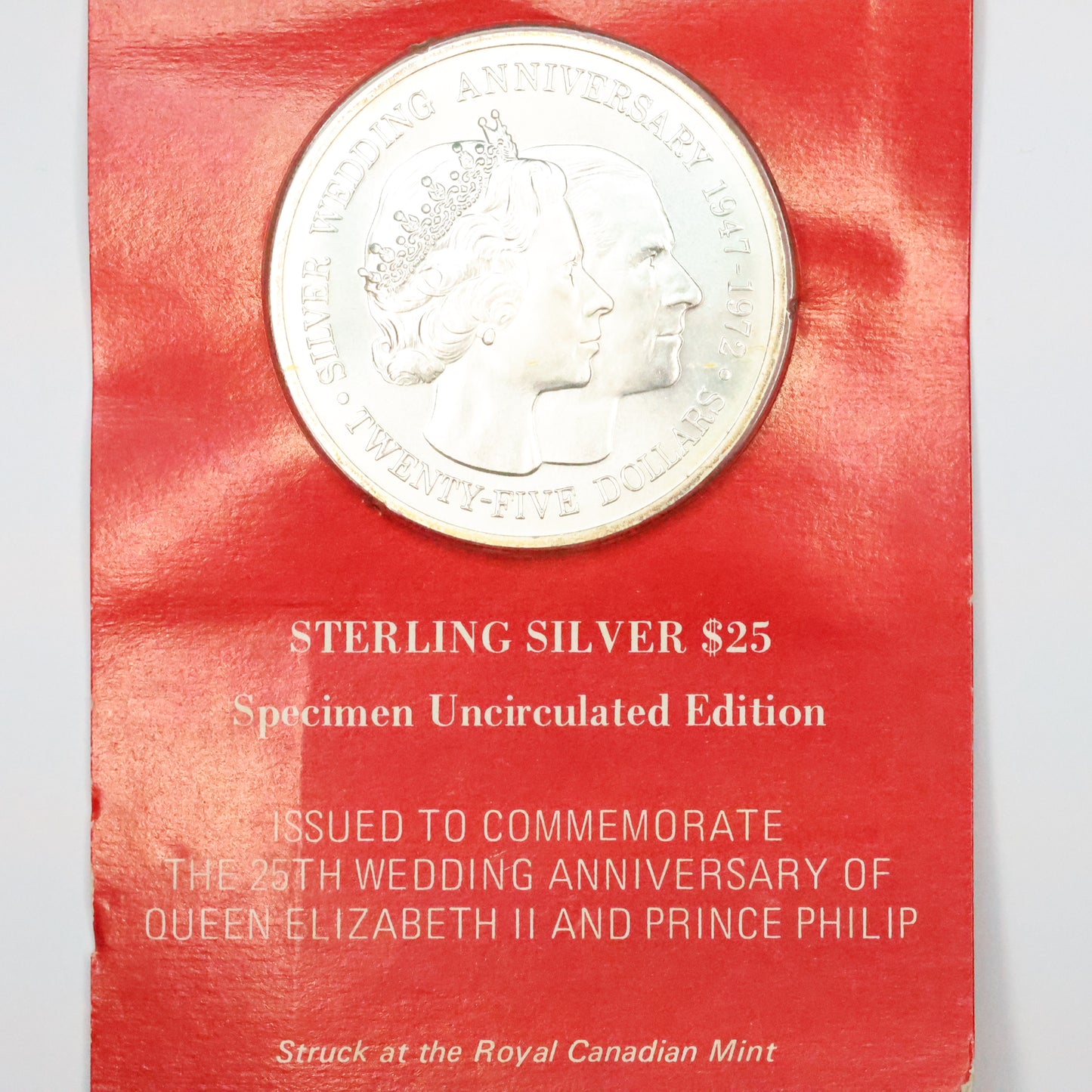 1972 Cayman Islands $25 Dollar Elizabeth II & Prince Philip 25th Anniv. UNC Sterling Silver Coin in OGP