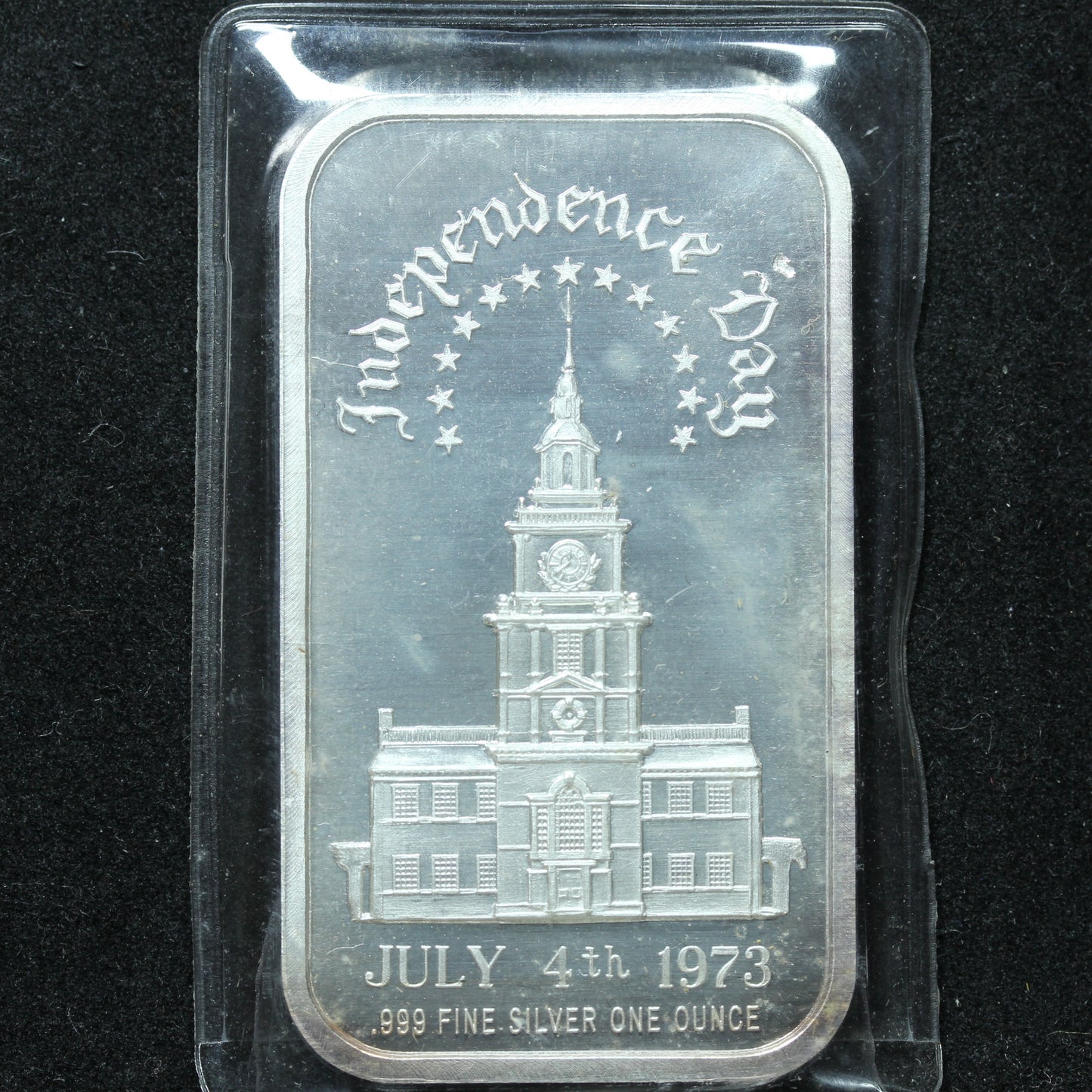 1 oz .999 Fine Silver Bar July 4, 1973 Independence Day / Independence Hall w/ Plastic