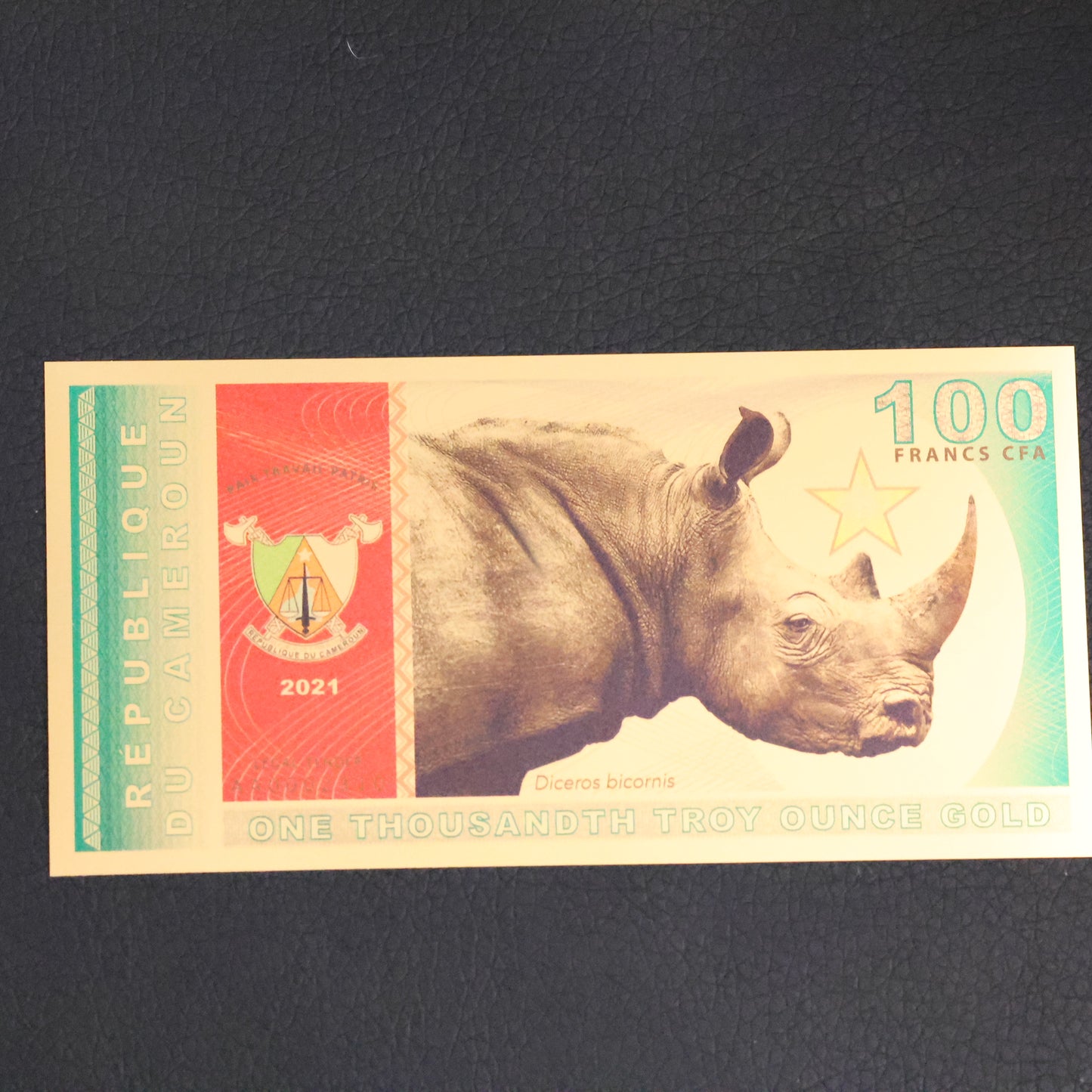 2021 Republic of Cameroon 100 Francs 1/1000th oz Gold Bill Aurum Black Rhino AA0002310