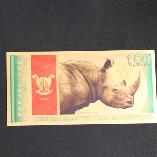 2021 Republic of Cameroon 100 Francs 1/1000th oz Gold Bill Aurum Black Rhino AA0002310