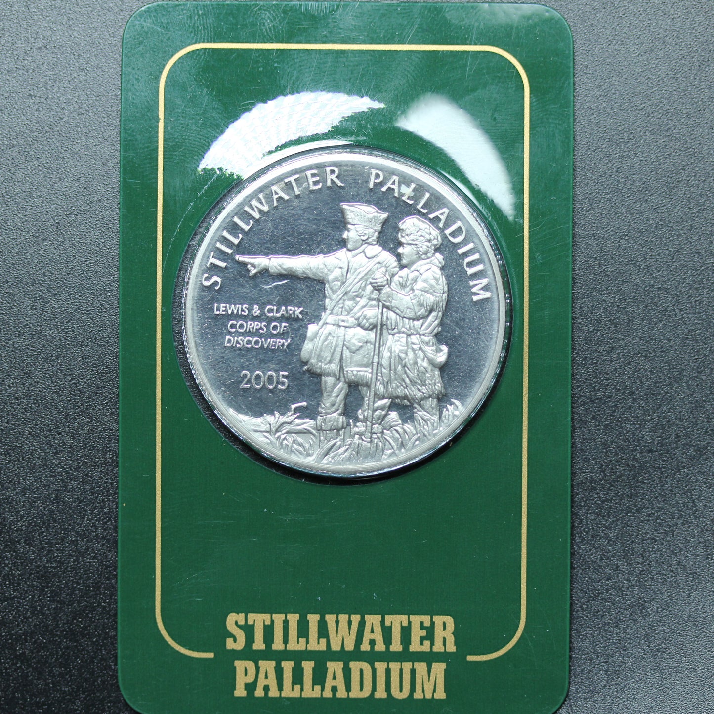 2005 1 oz Stillwater Palladium Buffalo Lewis & Clark Round by Johnson Matthey in Assay