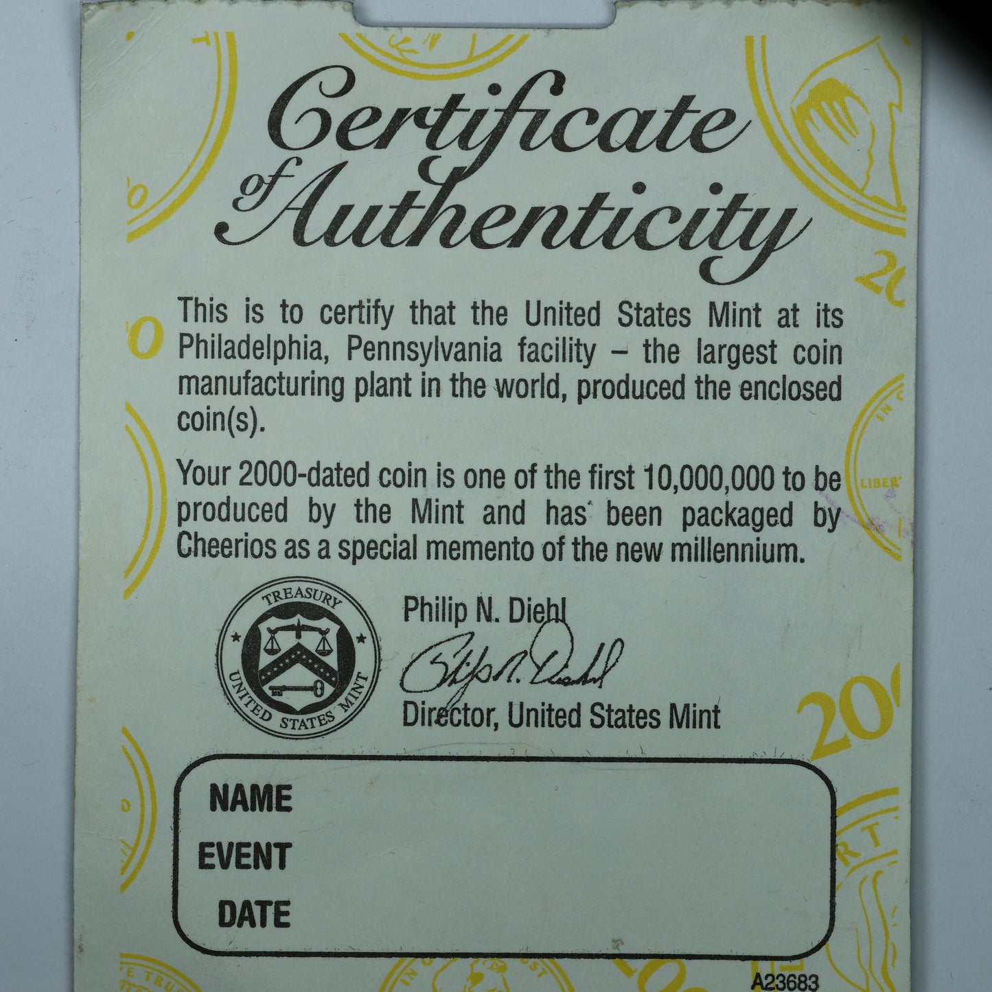 2000 Cheerios Lincoln 1 Cent Penny orig pkg w/ Certificate of Authenticity