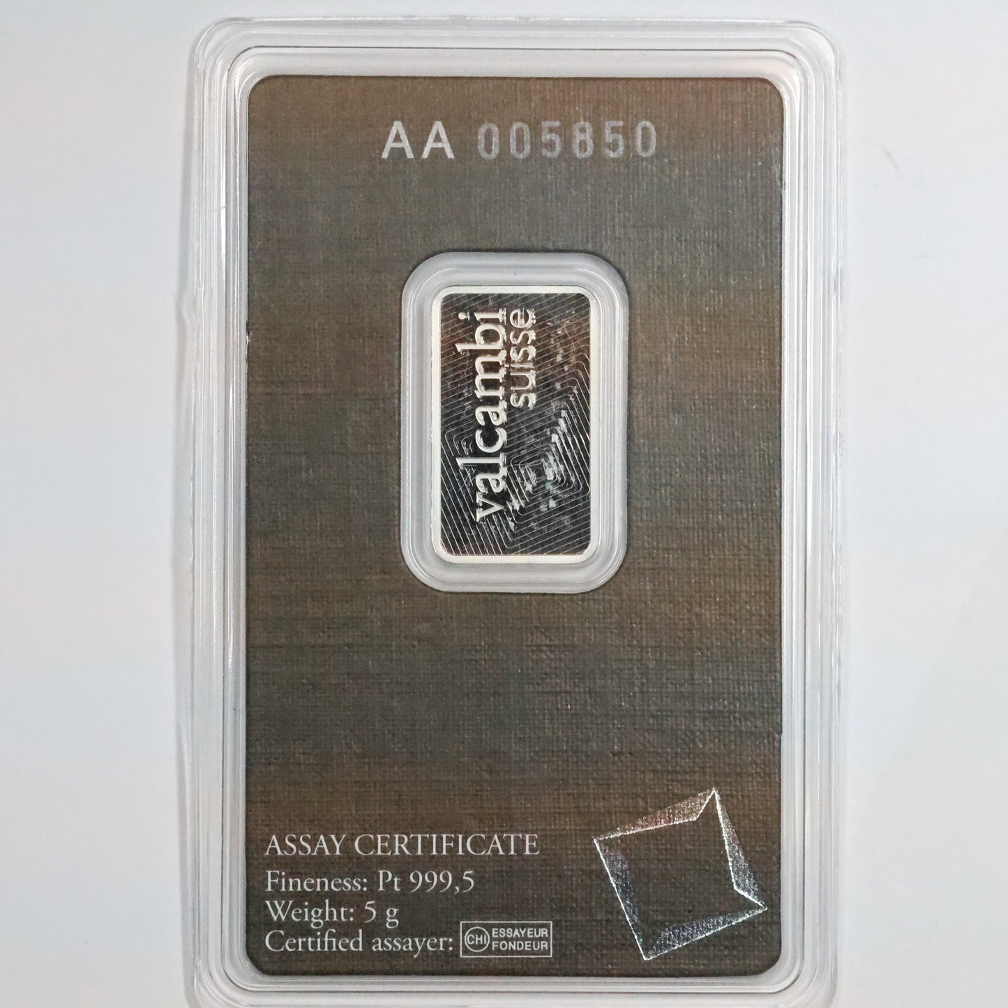 Valcambi Suisse 5 Gram Platinum Bar .9995 Fine in Assay