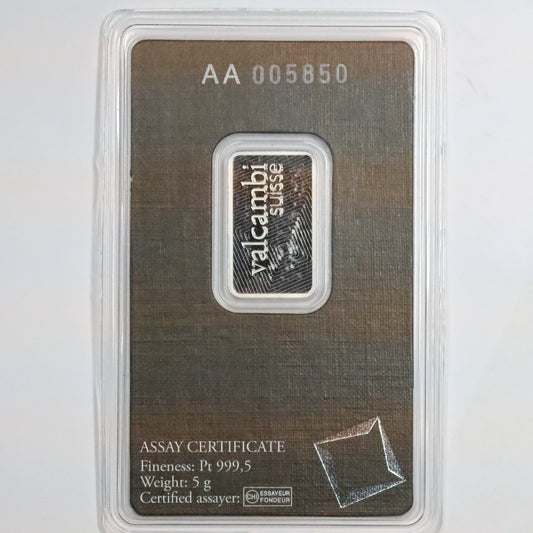Valcambi Suisse 5 Gram Platinum Bar .9995 Fine in Assay