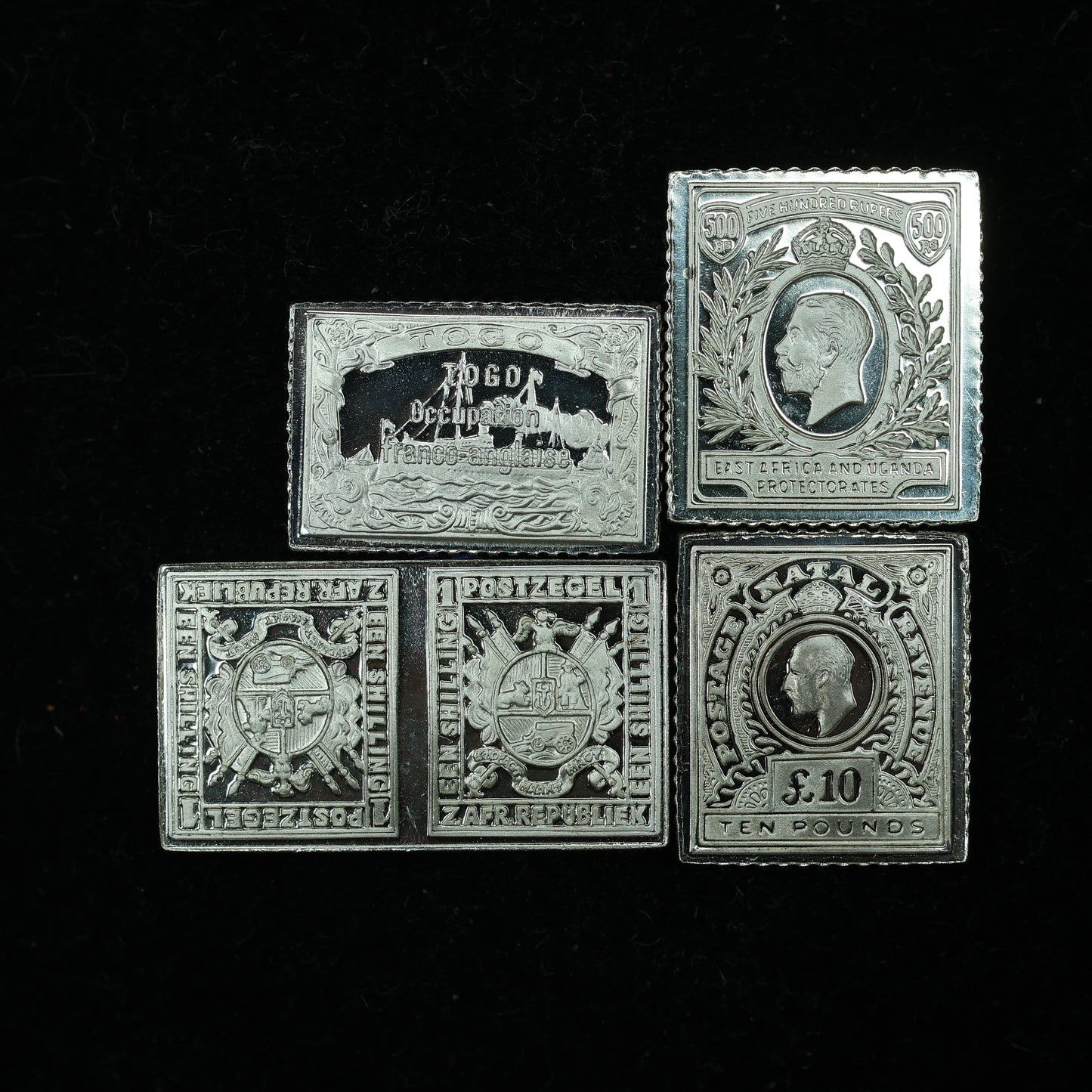 Franklin Mint Sterling Silver Miniature World Stamps - East Africa Natal Togo Transvaal