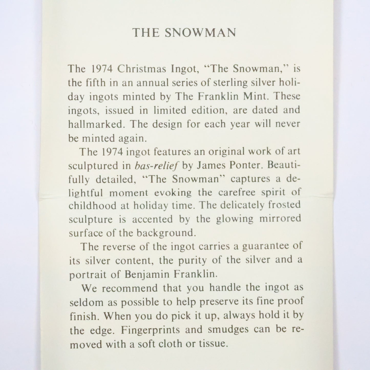 Franklin Mint Christmas Ingot - 1974 The Snowman Sterling Silver 500 Grains Bar w/ OGP