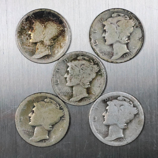 Lot of 5 Mercury Dimes - Very Worn/Cull 11.4 grams Exact Coins Shown